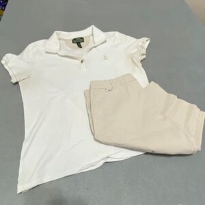 L-RL Active Set Women XL White Polo Shirt Beige Stripe Shorts Golf Tennis